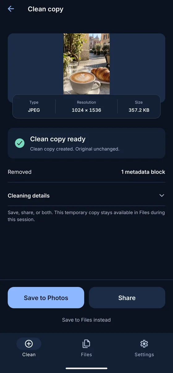 MetaQuiet showing that a clean copy is ready and the original is unchanged